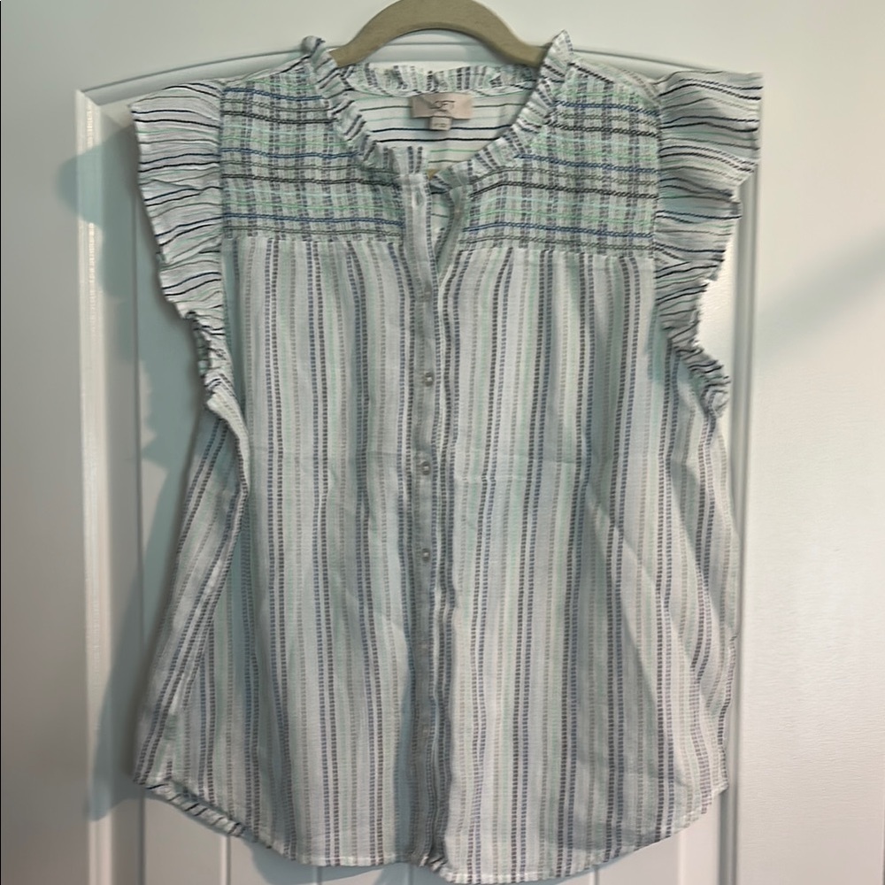 LOFT Blue and White Ruffled Cap Sleeve Blouse